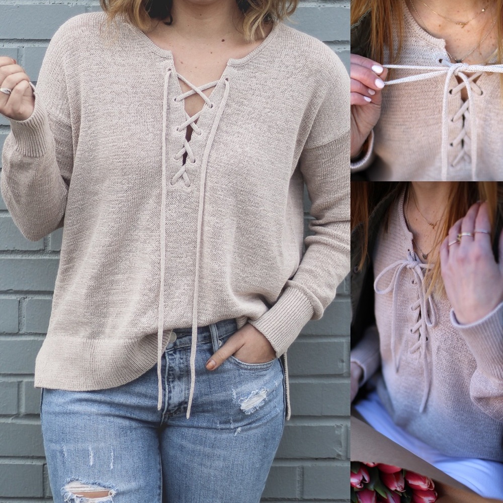LOFT Lace Up Sweater Taupe Size XS